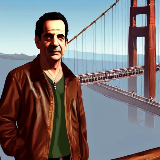 Prompt: full - frame of tony shalhoub, wearing a brown leather - jacket, as a character from gtav, looking at camera, intricate, extremely detailed, in the background golden gate bridge, concept art, artstation