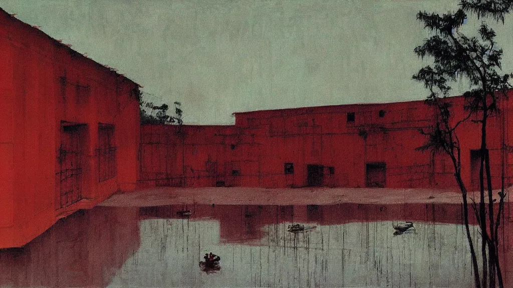 Image similar to a chinese prison near a river by peter doig, muted colors