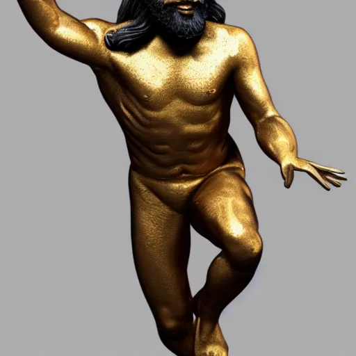 Prompt: a flawless, purely golden sculpture of a man with long hair, with trimmed beard, smiling widely, casting golden light. entirely golden statue, extremely detailed, full-body statue, award-winning art, trending on Artstation