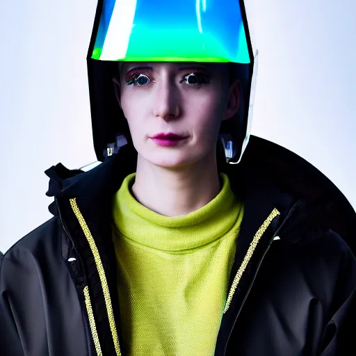 Image similar to an ultra high definition professional studio quality photograph of an artificially intelligent cyberpunk art influencer wearing a transparent iridescent pastel coloured face visor and matching raincoat on white coat hook in a sheer icelandic black rock environment. dramatic lighting. volumetric shadows. light rays