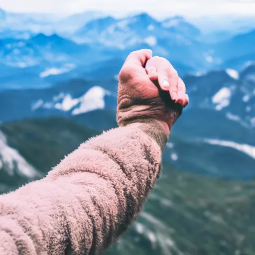 Image similar to Hand holding a mountain while being on a mountain, 40nm lens, close, 4k