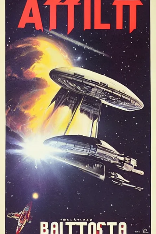 Prompt: a poster of battlestar galactica from 1 9 6 6, starring william shatner