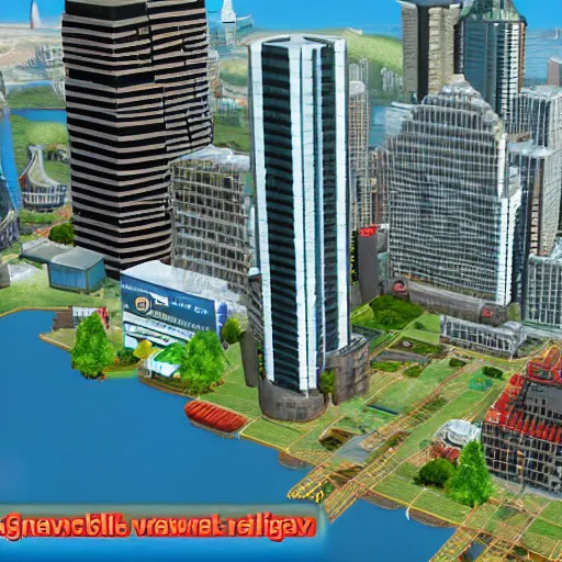 Prompt: canary wharf, screenshot from simcity pc game