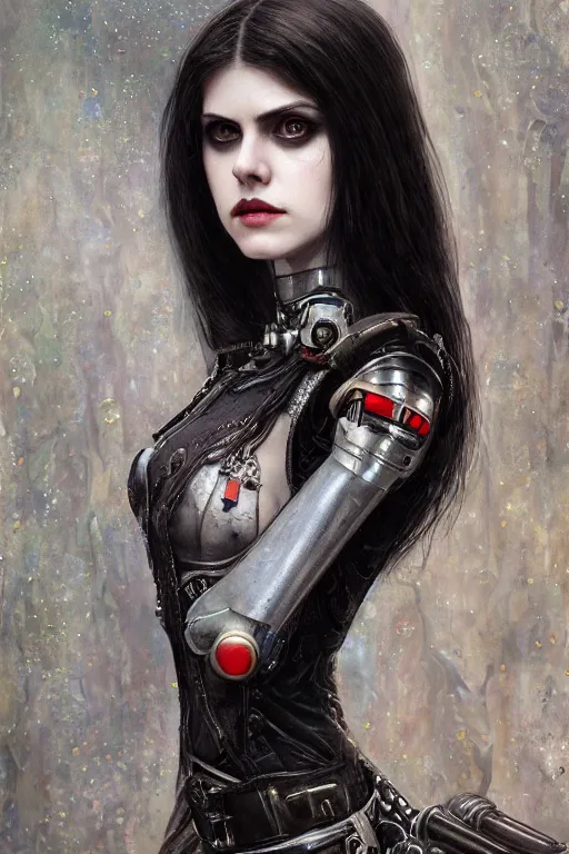 Image similar to portrait of beautiful gothic Alexandra Daddario, cyberpunk, Warhammer, highly detailed, artstation, illustration, art by Gustav Klimt