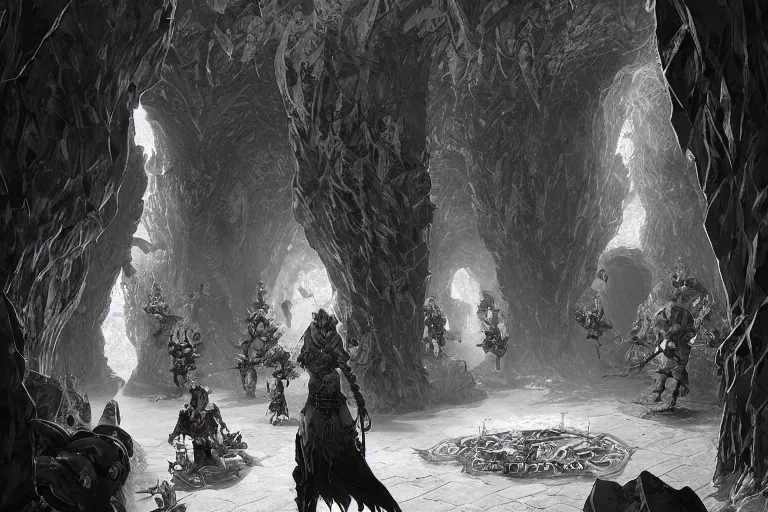 Prompt: black and white point perspective dungeon cozy fantasy dungeon The human defenestrator Katherine and their gelatinous group of goblins are hiding in the flourishing cave.,by artgerm and Craig Mullins, James Jean, Andrey Ryabovichev, Mark Simonetti and Peter Morbacher 16k