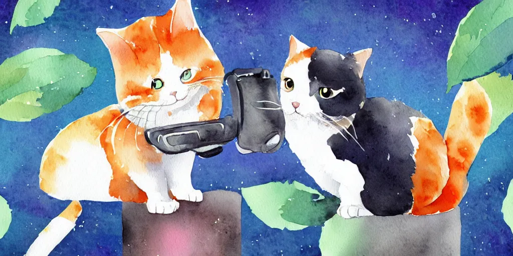 Prompt: watercolor illustration style, cute cat call by phone