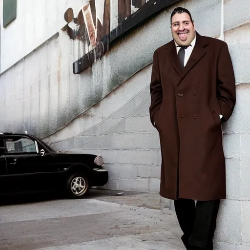 Image similar to full length shot : : clean - shaven smiling white chubby italian american man in his 4 0 s wearing a long brown overcoat and necktie and black shoes shoes shoes holding a burger burger burger, 2 0 0 6 advertising promo shot