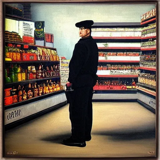 Prompt: “a detailed oil painting of a security guard in Pyatyorochka Russian grocery shop by Caravaggio”