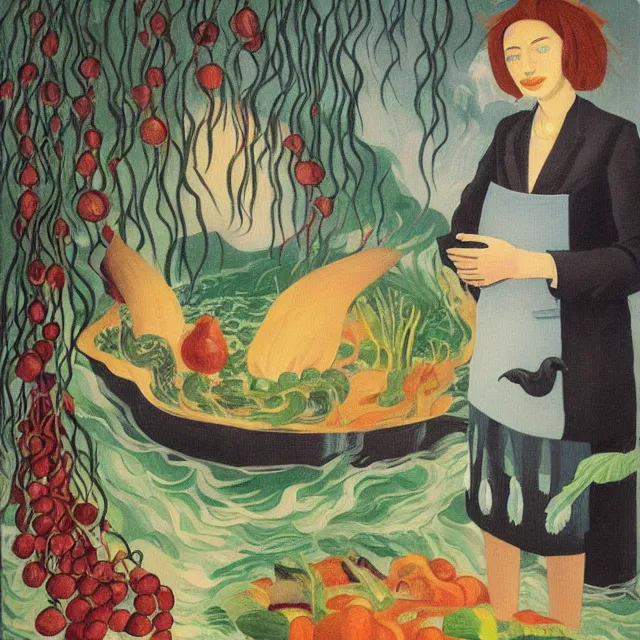 Image similar to tall female catgirl artist holding vegetables in her flooded kitchen, pomegranates, octopus, water gushing from ceiling, painting of flood waters inside an artist's apartment, a river flooding indoors, candles, ikebana, zen, rapids, waterfall, black swans, canoe, berries, acrylic on canvas, surrealist, by magritte and monet