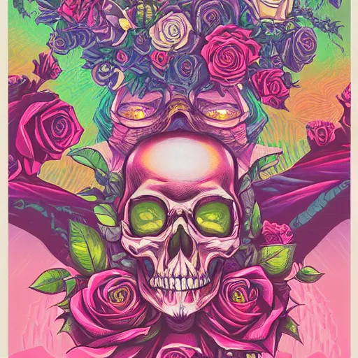 Prompt: ortographic view of large skulls and vivid roses by Jen Bartel and Dan Mumford and Satoshi Kon, gouache illustration, pastel colors-C 10