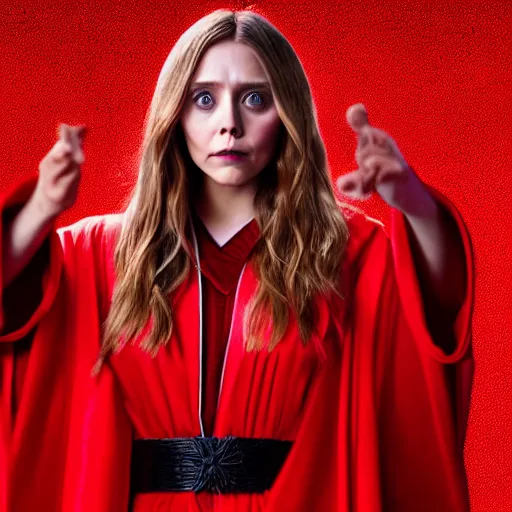 Image similar to a full body image of elizabeth olsen in a red wizards robe casting an evil spell, detailed face, red swirls, ominous lighting, night time, high quality