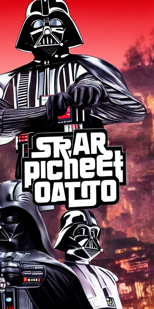 Image similar to darth vader, in the style of gta 5 loading screen, illustrated