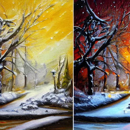 Prompt: painting depicting all four season in one, concept art, artstation, detailed, impressionism, oil on canvas, snow on the ground