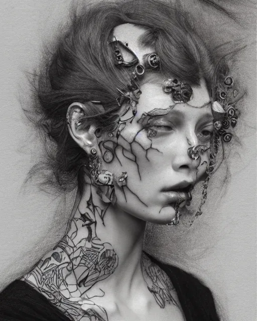Prompt: a model with tattoos wearing balenciaga jewelry, by edgar maxence and caravaggio and michael whelan, artistic, intricate drawing, light brazen, realistic fantasy, extremely detailed and beautiful aesthetic face, 8 k resolution
