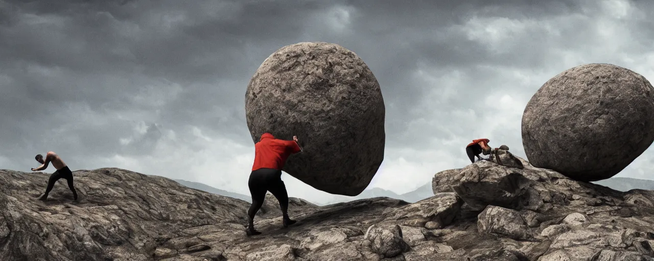 Image similar to a man is pushing a large and round boulder up a mountain, the stone is rolling up, sisyphus looks tired and dejected, the mountain is steep, melancholic mood, photo realistic, 8k, HDR, ultra detailed, close up shot, movie poster, cinematic composition, trending on artstation