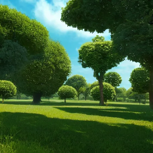 Prompt: a very wide angle shot of an empty garden in heaven, surrounded by spongy clouds, with long fluffy trees, green foliage and side lighting, ultra realistic, flemish baroque, classical realism, chiaroscuro, unreal engine, 8 k