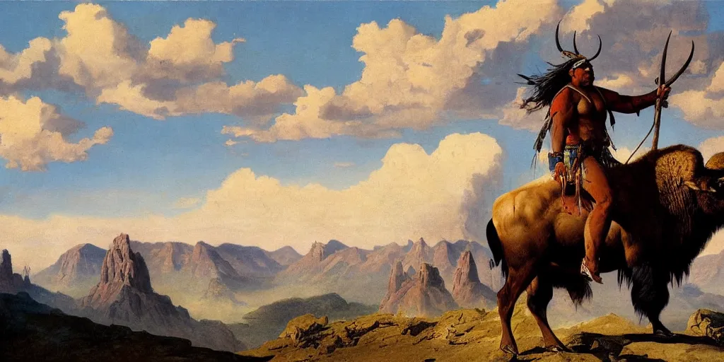 Image similar to native american riding bison, buffalo, native american warrior, mountain range, beautiful sky, standing on the edge of a cliff, 1 9 th century, painted by frazetta