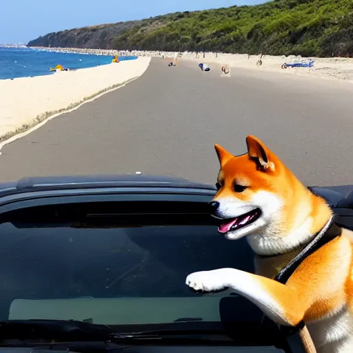 Image similar to shiba inu laughing at heavy car traffic leaving a Crimean beach