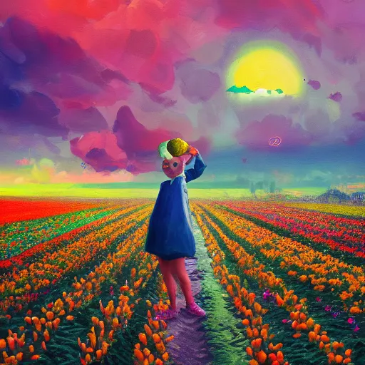 Image similar to girl with singular giant tulip as a head, surreal photography, flower field, sunset dramatic light, impressionist painting, colorful clouds, blue sky, digital painting, artstation, simon stalenhag