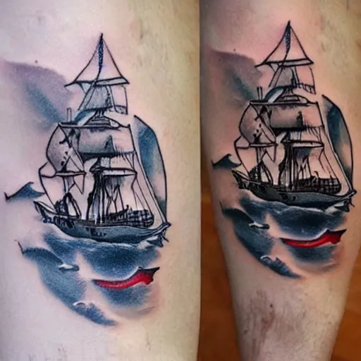 Image similar to a pirate ship sailing in the sea, realism tattoo design, white background, by Matteo Pasqualin tattoo artist