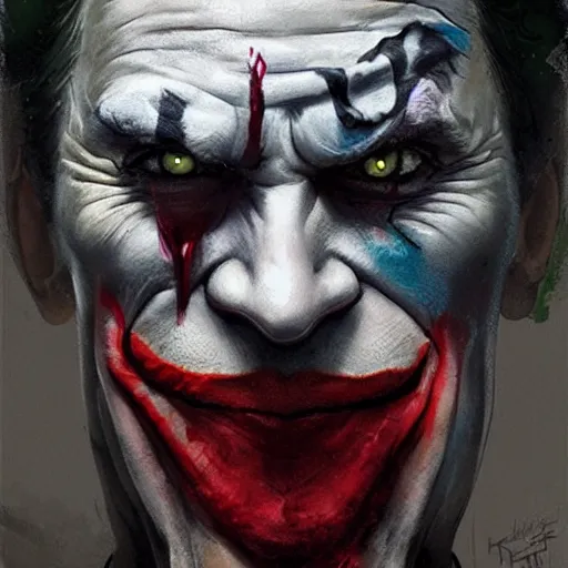 Image similar to joker, crazy face, facepalm, paint by greg rutkowski