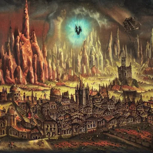 Prompt: medieval city falls into hell