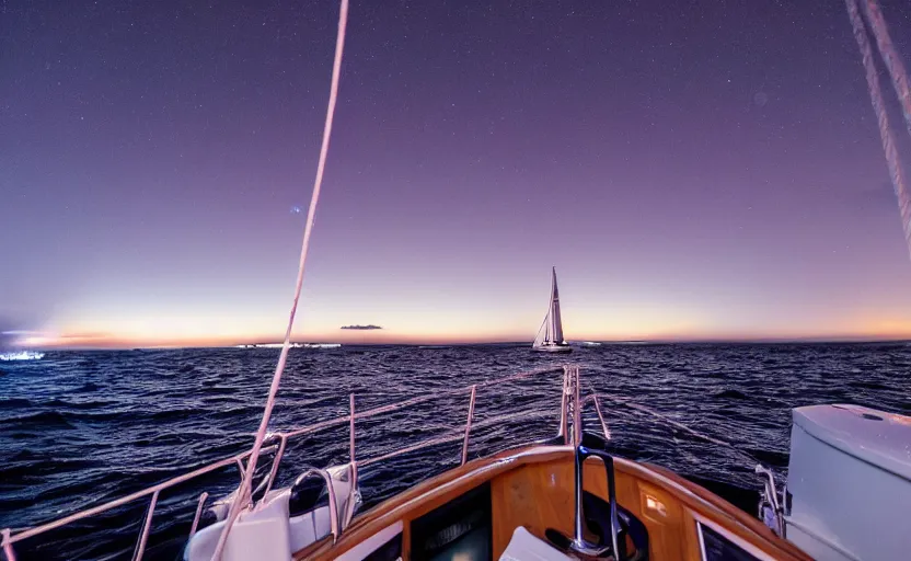 Prompt: Watching the north lights from a sailboat in the ocean at night, beatiful, 8k, wide angle, cinematic