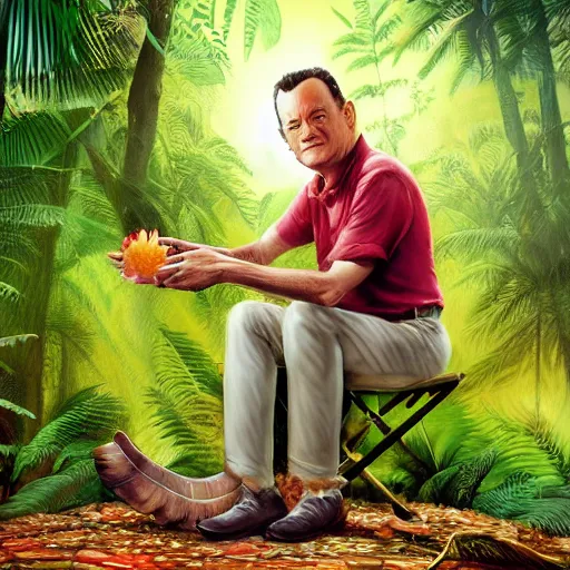 Image similar to Tom Hanks as forrest gump sitting on a giant shrimp in the jungle, realistic digital painting, in the style of Frederic St-Arnaud, photoreailstic, realistic face, amazing detail, sharp