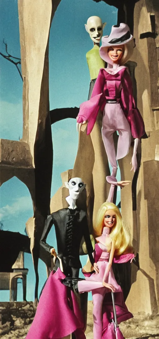 Image similar to Nosferatu and Barbie on vacation