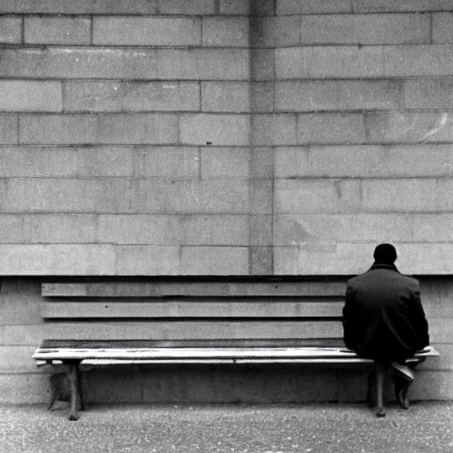 Image similar to Lonely man sitting on bench photographed by Andrej Tarkovsky, kodak 5247 stock, color photograph