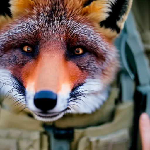 Prompt: Closeup of Fox dressed in a modern American soldier uniform, 85mm f/1.4