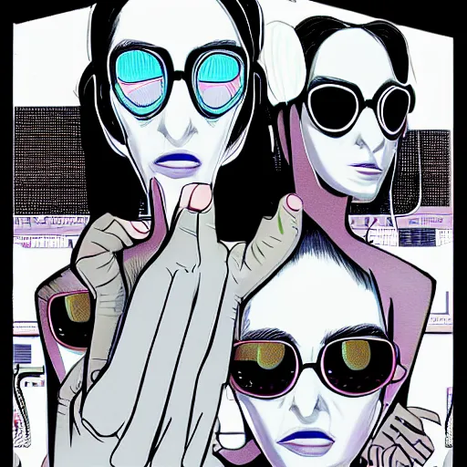 Prompt: twin sister models hacking into the mainframe of the matrix or whatever, in the style of jamie hewlett and riyoko ikeda, photorealistic, epic, super cool