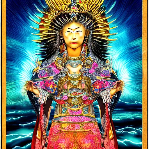 Image similar to hyper realistic portrait photo of ameterasu the sun goddess of japan, portrait shot, intricate detail