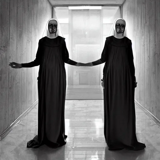 Image similar to nightmare vision, black and white, award winning photo of smiling levitating twin nuns, wearing translucent sheet, Mary in a sanctuary, mirror hallways, eerie, tall columns, frightening —width 1024 —height 1024