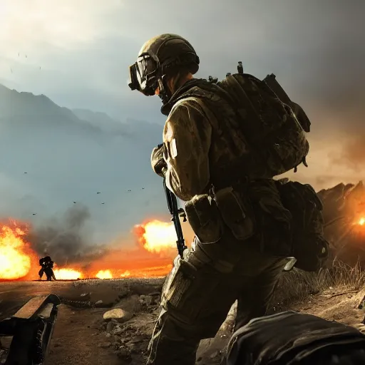 Prompt: Call of Duty gameplay, modern warfare, ak47, sunlight in the distance, a mountain in the distance, a granade explosion on the side, a character being shoot, realistic, sharp, 4k quality, illustration, artstation