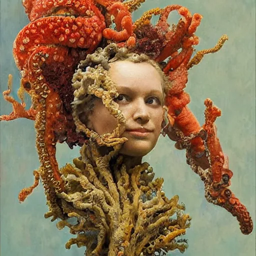 Image similar to a sculpture portrait made of seaweed and coral and shells and octopus, painting part by wojciech siudmak, part by ilya repin, part by max ernst, part by norman rockwell, artstation