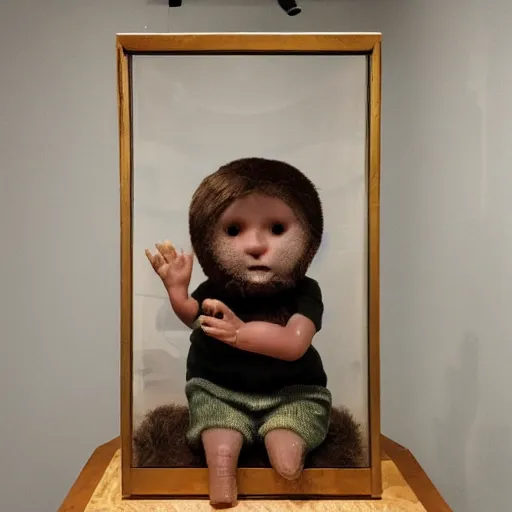 Image similar to taxidermized elder baby, in a museum, alone, sad face, symmetrical face, angular face, coherent,