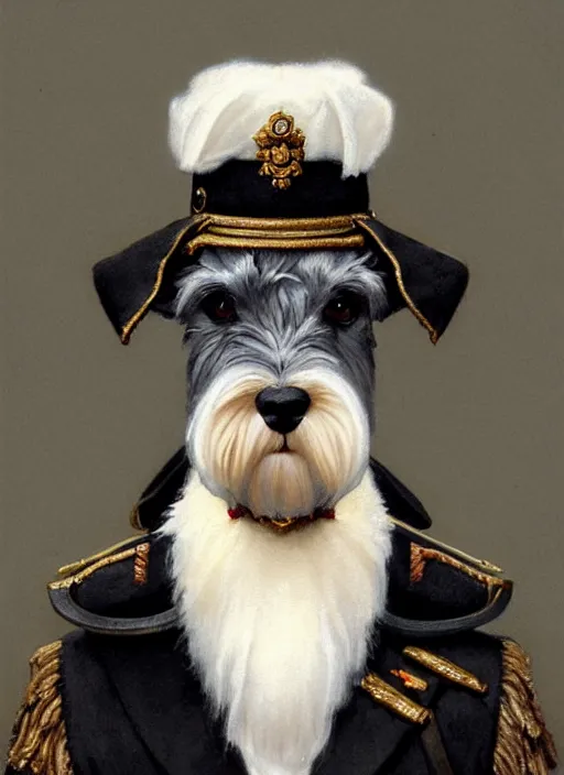 Image similar to portrait of stoic looking miniature schnauzer, military uniform, black fir, white eyebrows, fantasy, intricate, elegant, highly detailed, centered, dark, smokey, digital painting, artstation, concept art, smooth, sharp focus, illustration, art by artgerm and greg rutkowski and alphonse mucha