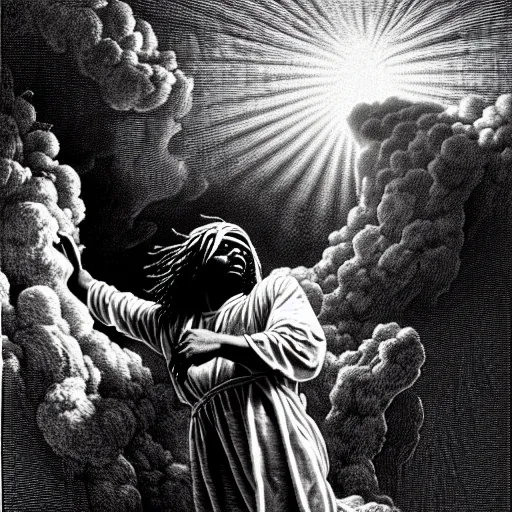 Prompt: cheef keef ascending into heaven holding cough syrup, biblical image, style of gustave dore, highly detailed, beautiful, high contrast, black and white