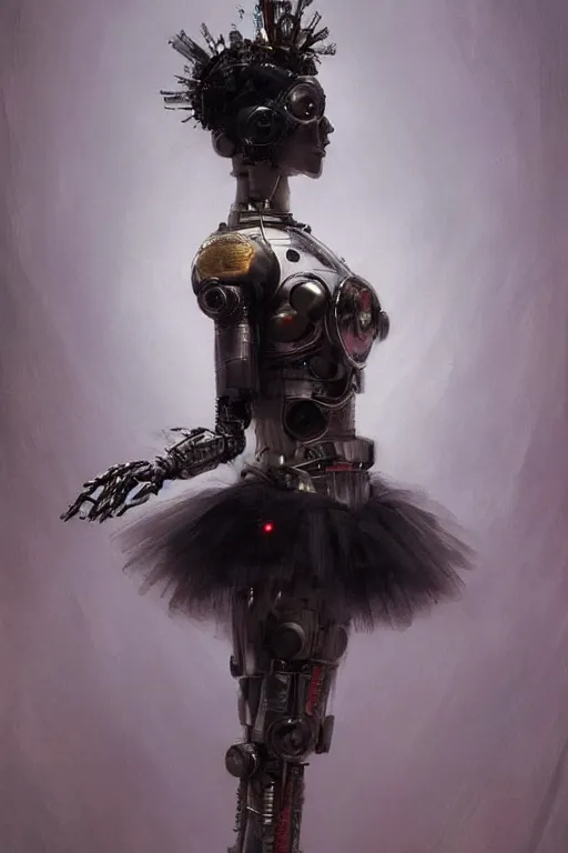 Image similar to sitting beautiful painting of a crowned robotic cyberpunk ballerinain a gothic dark ballet tutu, intricate, elegant, highly detailed, digital painting, artstation, concept art, by krenz cushart and artem demura and william adolph bouguereau