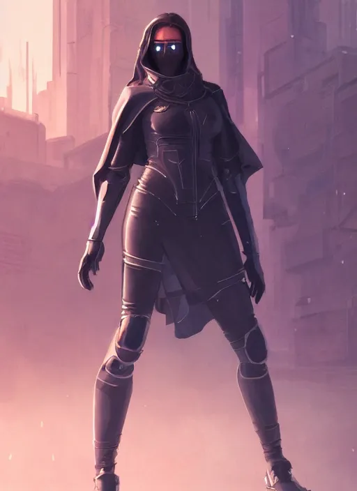 Image similar to strong female cyberpunk hacker in leather armor and cloak, path traced, highly detailed, high quality, digital painting, concept art, t - pose, by studio ghibli and alphonse mucha, leesha hannigan, makoto shinkai, disney