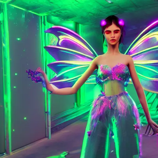 Prompt: neon fluorescent, iridescent beautiful fairies cyperpunk 2 0 7 7, unreal engine 5, 8 k ultra realistic, hyperdetailed, volumetric lighting, extremely high quality