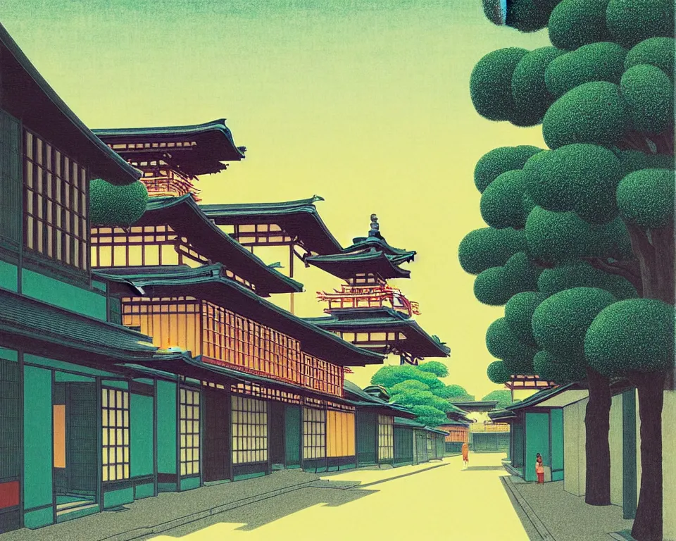 Prompt: an achingly beautiful print of a quiet street in Kyoto Japan with temples and plants, by Raphael, Hopper, and Rene Magritte. detailed, romantic, enchanting, trending on artstation.