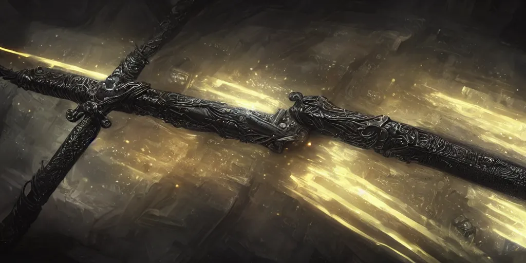 Image similar to legendary cybernetic full long sharp sword lying flat on a glowing table with a black and iridescent sword blade, digital award winning hd matte painting, intimate dark moody, intricate, ornate spikes, colorful gems on hilt, detailed realistic raytraced blade, future golden technological pommel, in the style of krenz cushart, deviantart