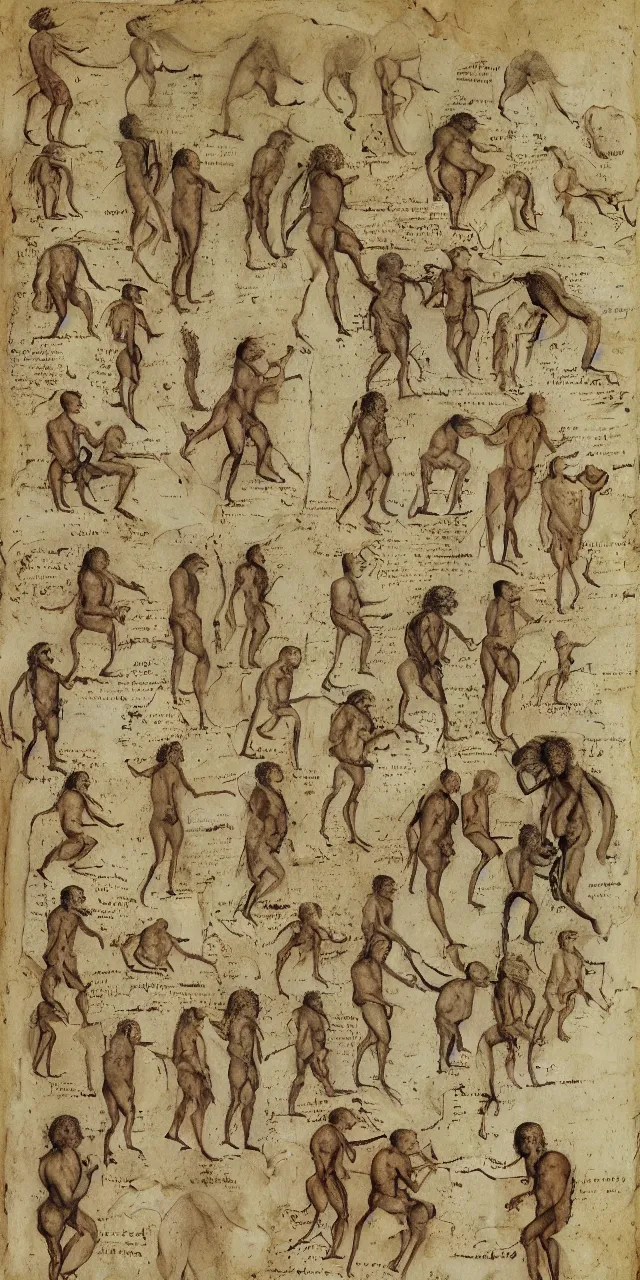 Image similar to an open page of the voynich manuscript, depicting a digital painting of human evolution by da vinci, paper texture, extremely detailed, professional, hand written notes, epic, full colors