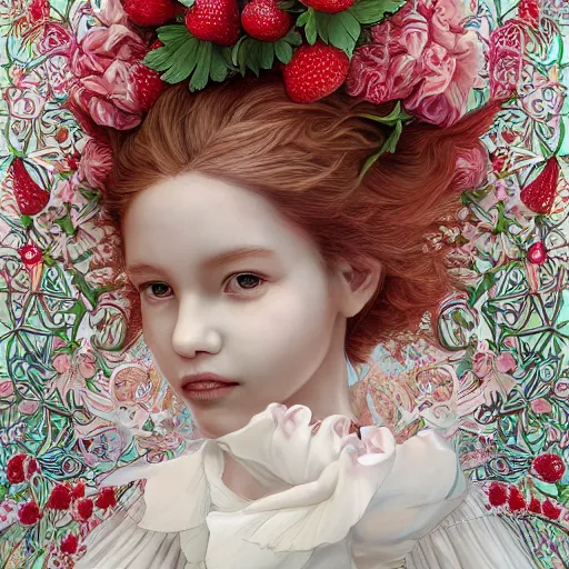 Image similar to the portrait of an absurdly beautiful, graceful, elegant, sophisticated, fashionable little girl made of strawberries and white petals looking down, an ultrafine hyperdetailed illustration by kim jung gi, irakli nadar, intricate linework, bright colors, octopath traveler, final fantasy, unreal engine 5 highly rendered, global illumination, radiant light, detailed and intricate environment