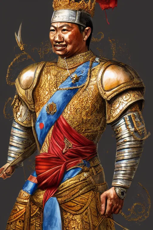 Prompt: full body portrait of king ramkhamhaeng the great, leather armor, tai ethnic group leader, emotional movement in the battle, highly detailed, digital painting, watercolor, artstation, concept art, smooth, sharp focus, illustration