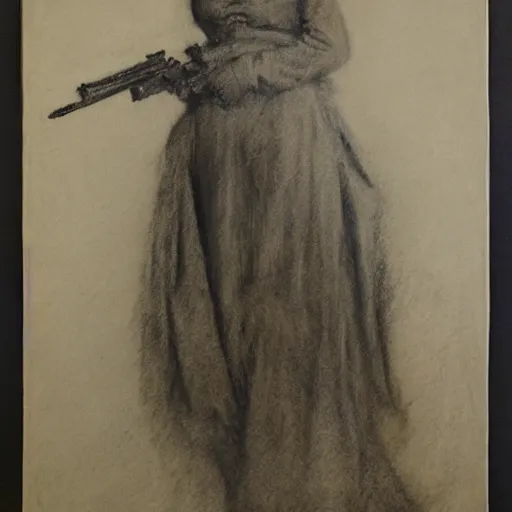 Image similar to ww 1 action heroine, by alfred stevens in charcoal