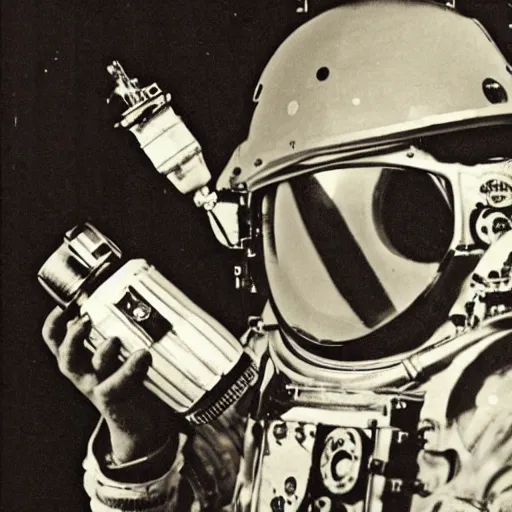 Image similar to an steampunk astronaut mid-space holding a beer can and a vintage camera. vintage photo