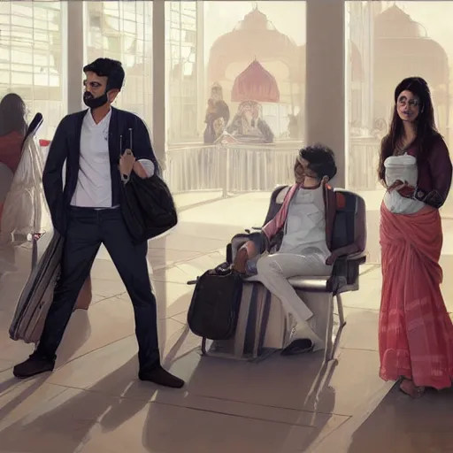 Prompt: Anxious good looking pale young Indian doctors wearing American clothes at the airport, portrait, elegant, intricate, digital painting, artstation, concept art, smooth, sharp focus, illustration, art by artgerm and greg rutkowski and alphonse mucha